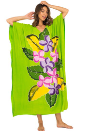 Womens Long Maxi Beach Cover Up Caftan, Frangipani Floral Dress, Summer Beach Poncho