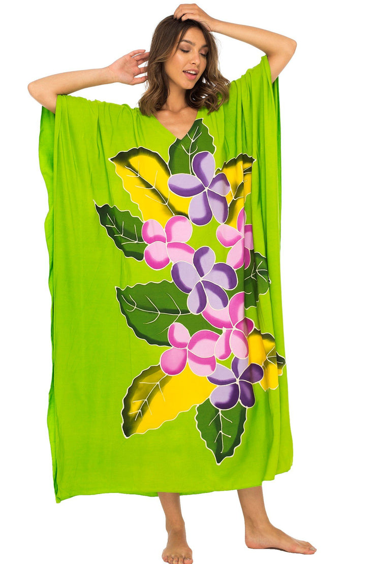Womens Long Maxi Beach Cover Up Caftan, Frangipani Floral Dress, Summer Beach Poncho