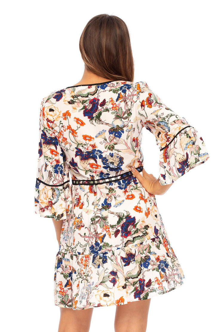 Womens Casual Short Boho Dress Floral Print V-Neck Bell Sleeves Vacation Swing Dress Rayon