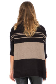 Womens Turtleneck Loose Fit Tunic Sweater ¾ Sleeve Oversized Black Knit Striped Pullover Top