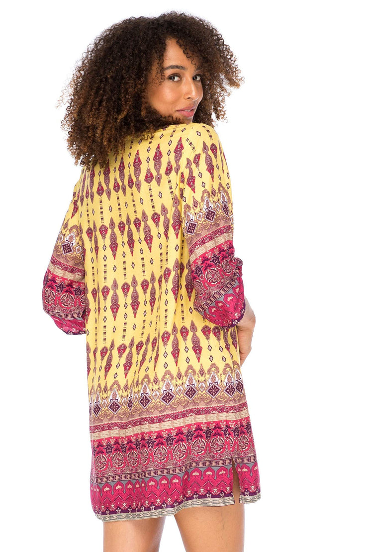 Womens Boho Vintage Print Loose Fit Tunic Dress V-Neck with Tassel Ties Casual Bohemian Swimsuit Cover Up