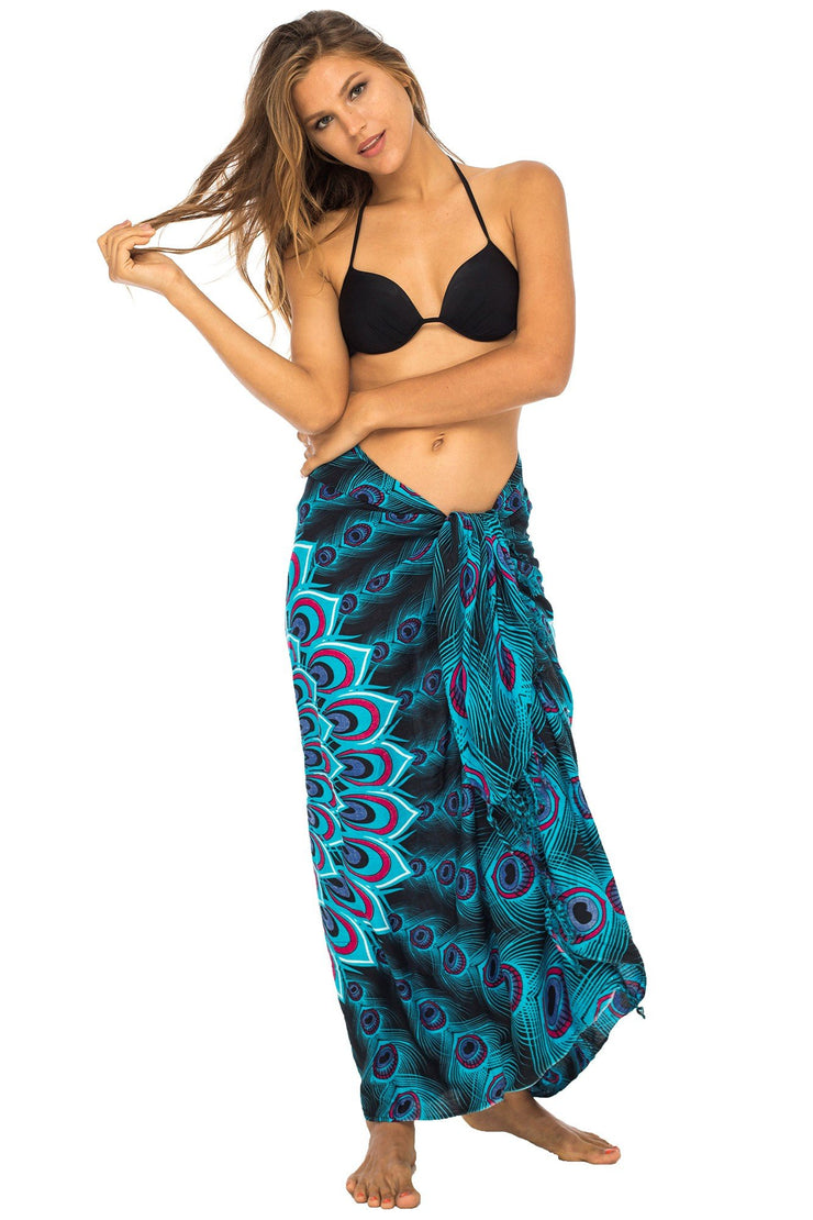 Womens Sarong Swimsuit Cover Up Mandala Peacock Beach Wear Bikini Wrap Skirt with Coconut Clip