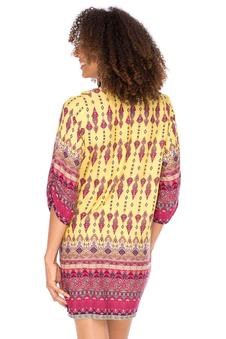 Womens Boho Vintage Print Loose Fit Tunic Dress V-Neck with Tassel Ties Casual Bohemian Swimsuit Cover Up