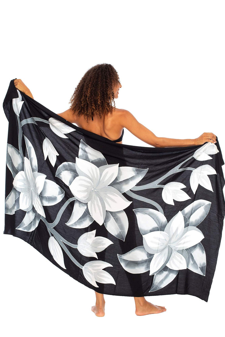 Womens Sarong Wrap Beach Swimsuit Cover Up – Frangipani Flower with Coconut Clip