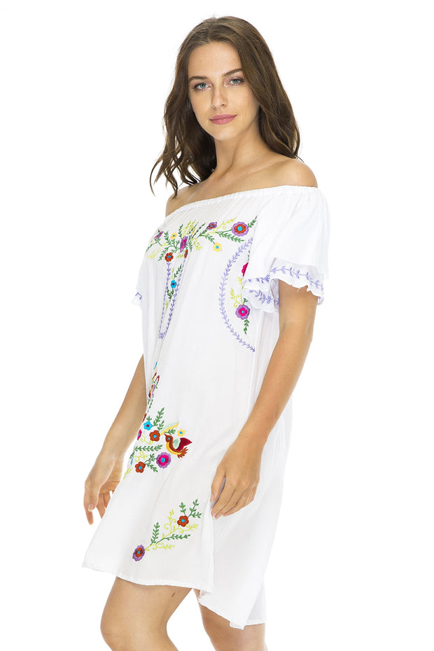Womens Short Dress Off Shoulder Embroidery Tunic Mexican Style
