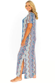 Womens Beach Kaftan Plus Size Summer Maxi Dress Swimsuit Bathing Suit Cover Up Long Blue Boho Caftan Rayon