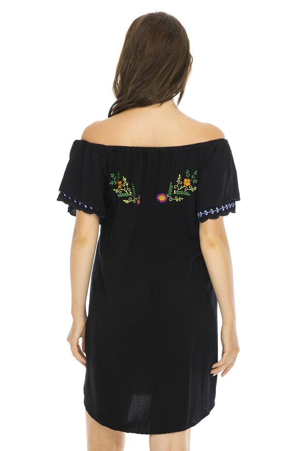 Womens Short Dress Off Shoulder Embroidery Tunic Mexican Style
