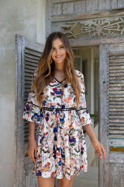 Womens Casual Short Boho Dress Floral Print V-Neck Bell Sleeves Vacation Swing Dress Rayon