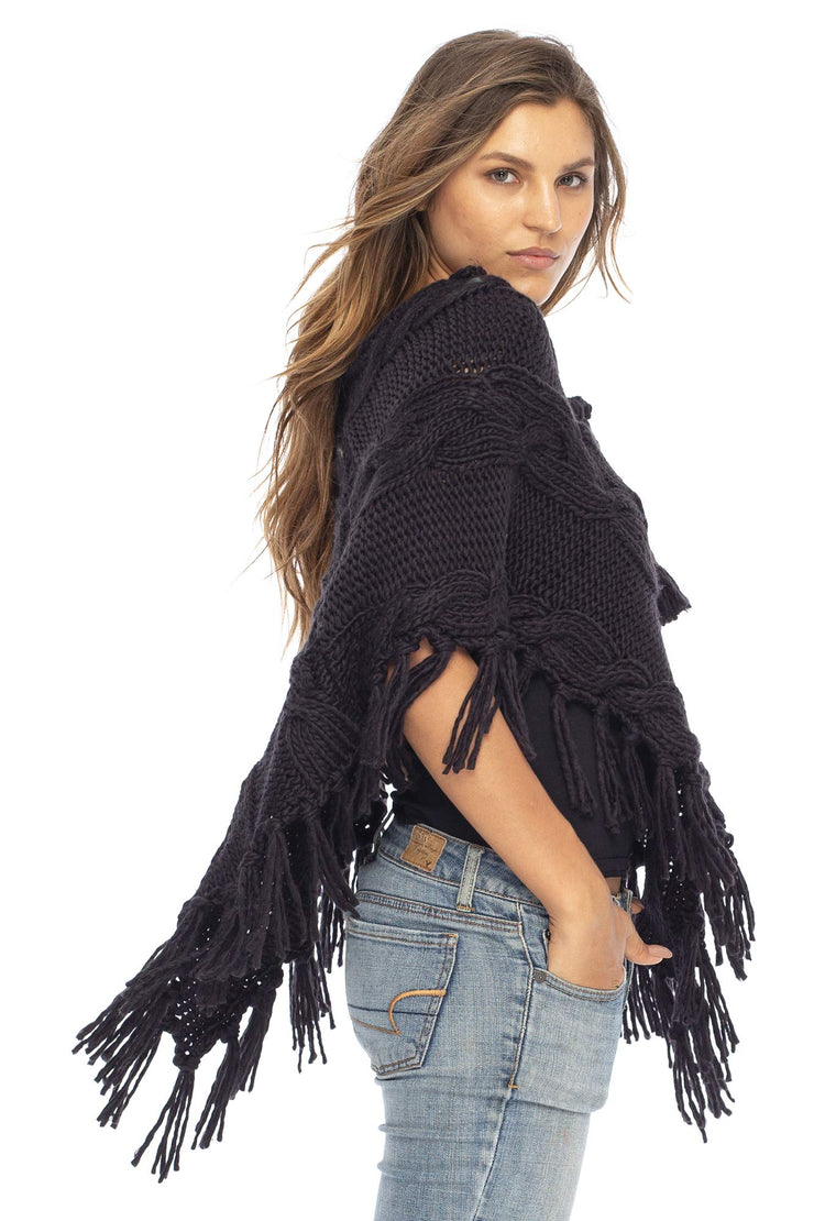 Womens Chunky Cable Knit Sweater Boho Fringed Oversized Pullover Poncho with Tassels