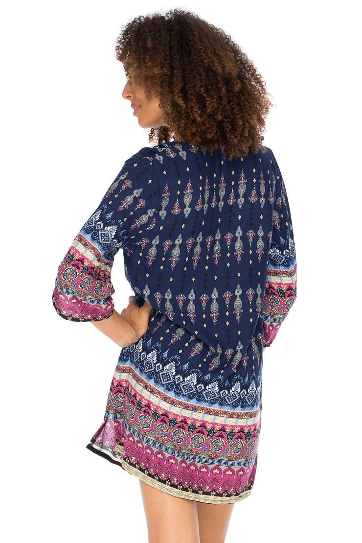 Womens Boho Vintage Print Loose Fit Tunic Dress V-Neck with Tassel Ties Casual Bohemian Swimsuit Cover Up