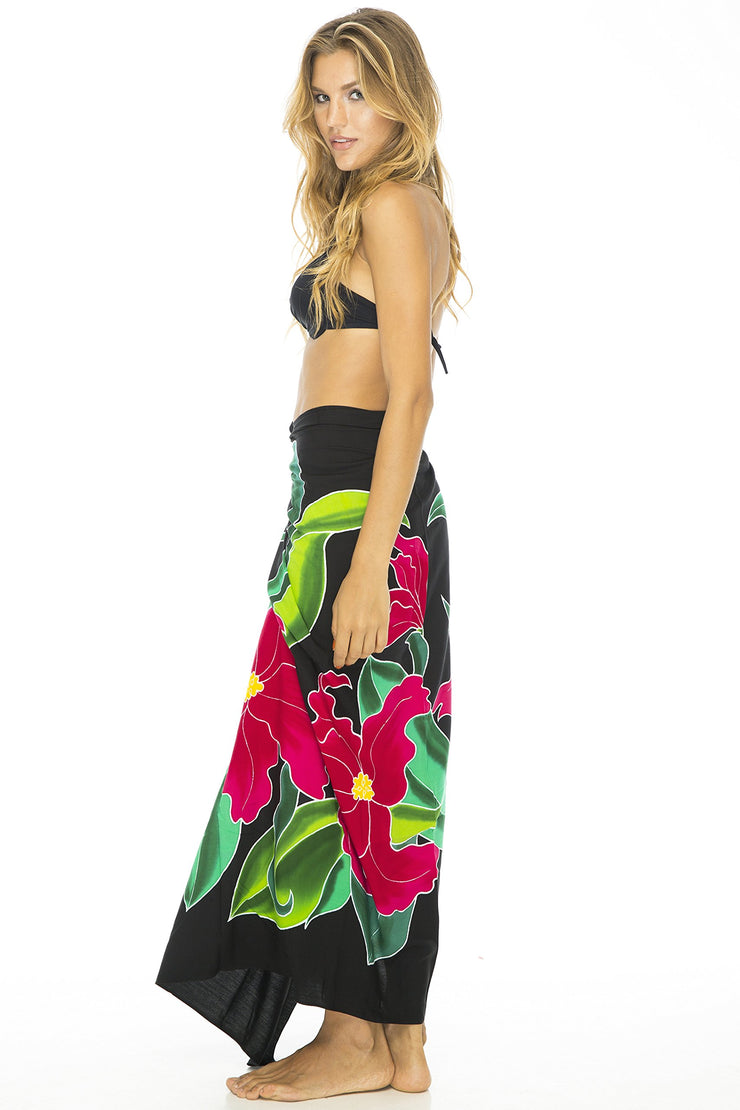 Womens Sarong Swimsuit Cover Up Floral Beach Wear Bikini Wrap Skirt with Coconut Clip Lily