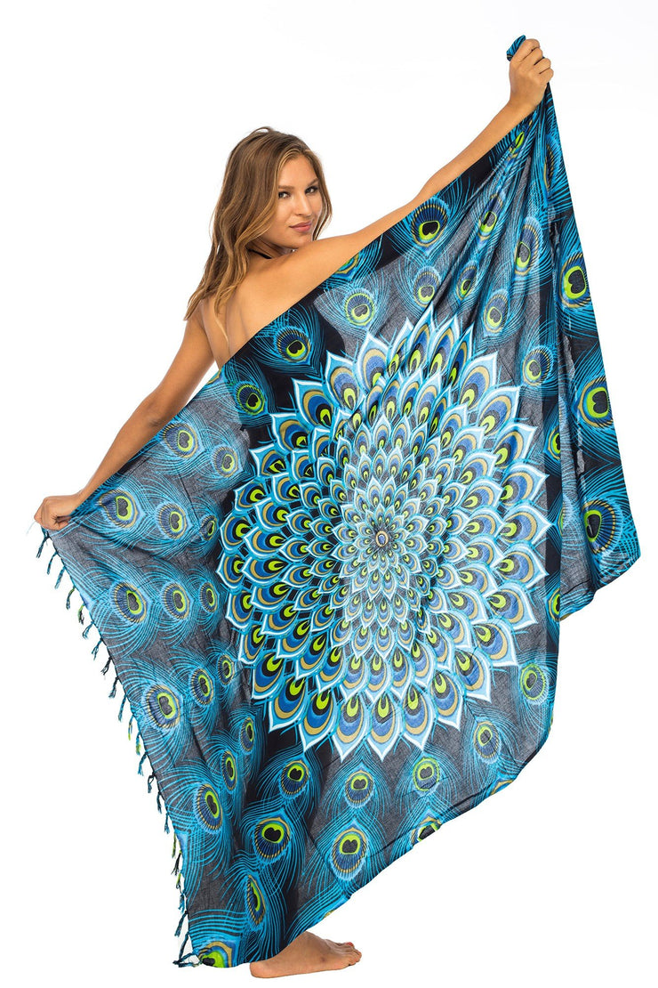 Womens Sarong Swimsuit Cover Up Mandala Peacock Beach Wear Bikini Wrap Skirt with Coconut Clip