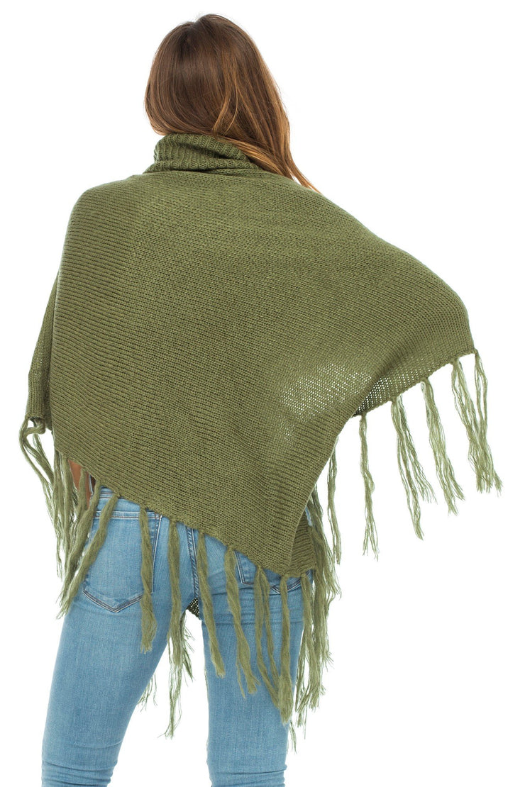 Womens Knit Fringed Poncho Boho Sweater Cape with Cowl Neck Soft Boho Winter Shawl