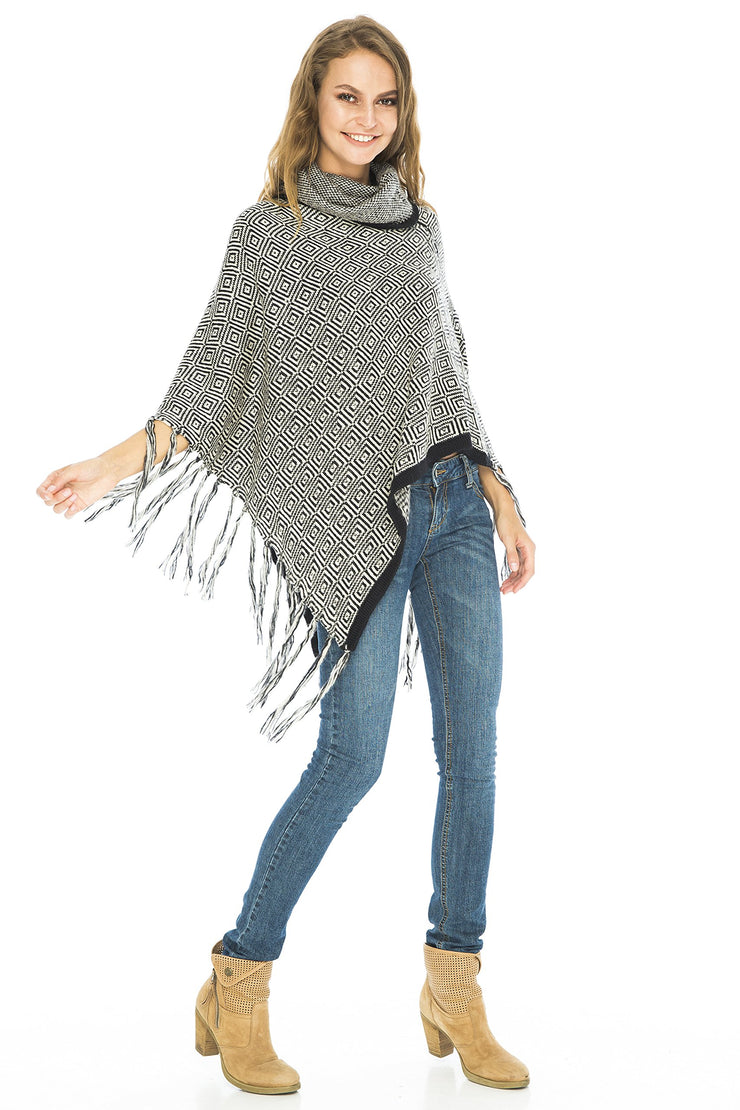 Womens Knitted Winter Poncho Sweater Fringe Turtle Neck