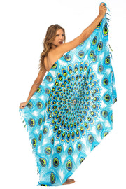 Womens Sarong Swimsuit Cover Up Mandala Peacock Beach Wear Bikini Wrap Skirt with Coconut Clip