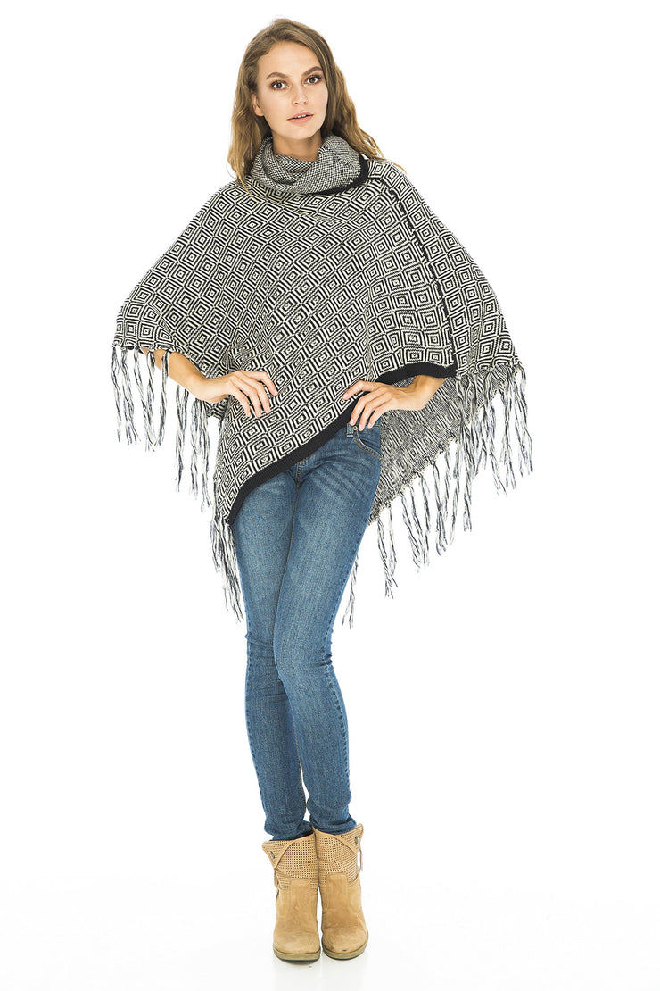Womens Knitted Winter Poncho Sweater Fringe Turtle Neck