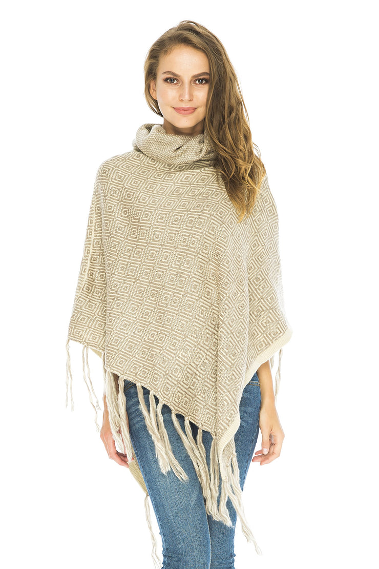 Womens Knitted Winter Poncho Sweater Fringe Turtle Neck