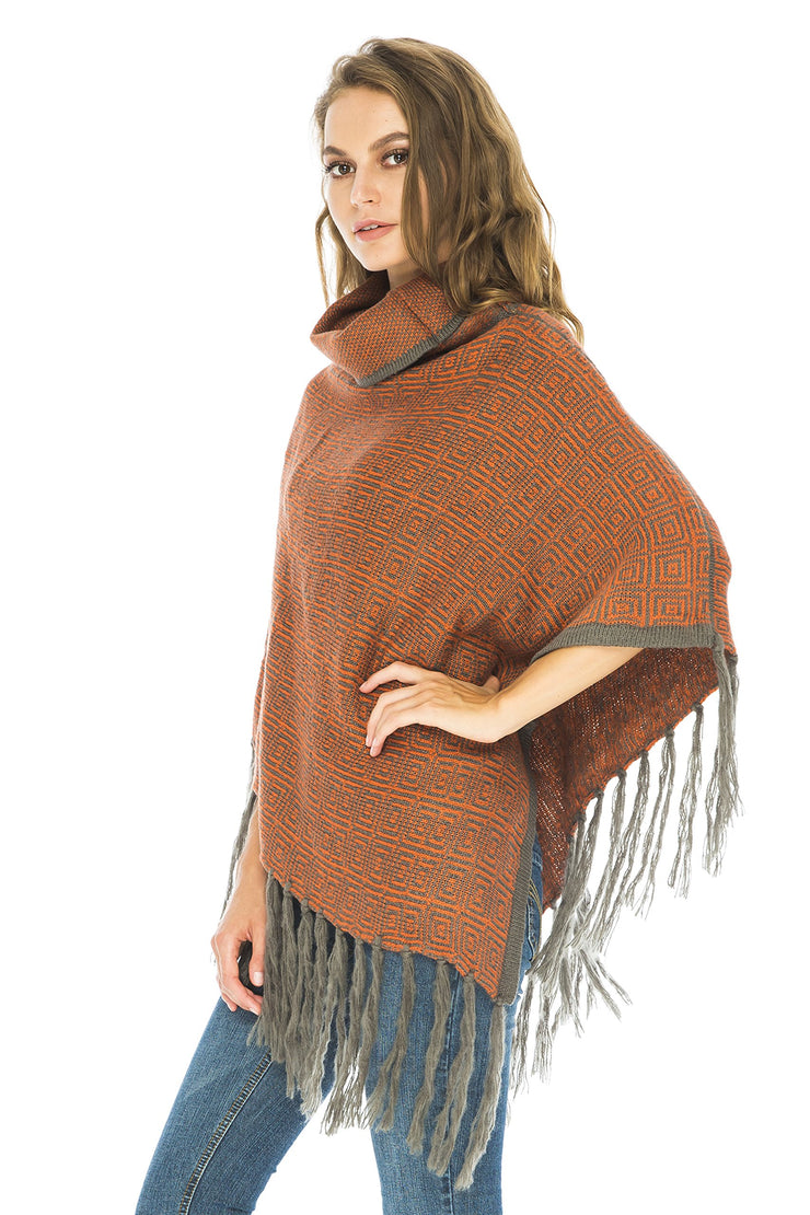 Womens Knitted Winter Poncho Sweater Fringe Turtle Neck