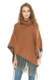 Womens Knitted Winter Poncho Sweater Fringe Turtle Neck