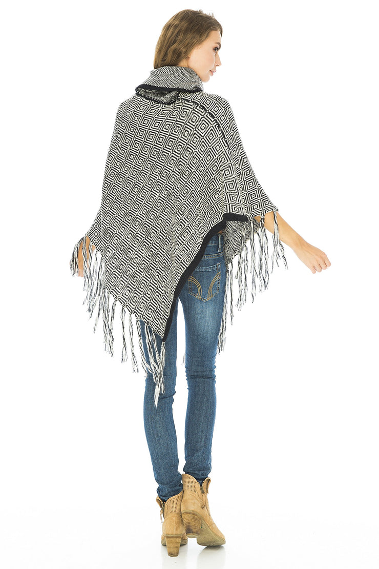 Womens Knitted Winter Poncho Sweater Fringe Turtle Neck