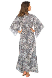 Womens Long Maxi Dress Boho Print Summer Sundress Deep V Neck Long Sleeves