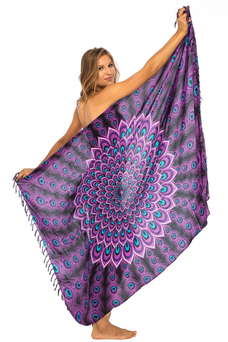 Womens Sarong Swimsuit Cover Up Mandala Peacock Beach Wear Bikini Wrap Skirt with Coconut Clip