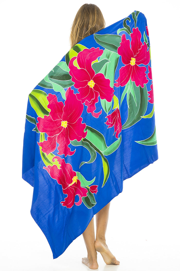 Womens Sarong Swimsuit Cover Up Floral Beach Wear Bikini Wrap Skirt with Coconut Clip Lily