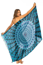 Womens Sarong Swimsuit Cover Up Mandala Peacock Beach Wear Bikini Wrap Skirt with Coconut Clip