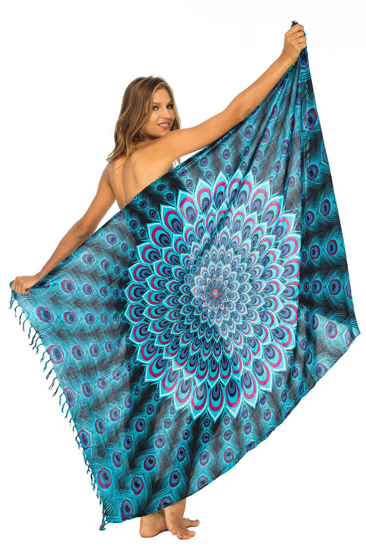 Womens Sarong Swimsuit Cover Up Mandala Peacock Beach Wear Bikini Wrap Skirt with Coconut Clip