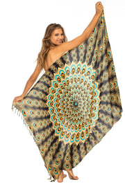 Womens Sarong Swimsuit Cover Up Mandala Peacock Beach Wear Bikini Wrap Skirt with Coconut Clip