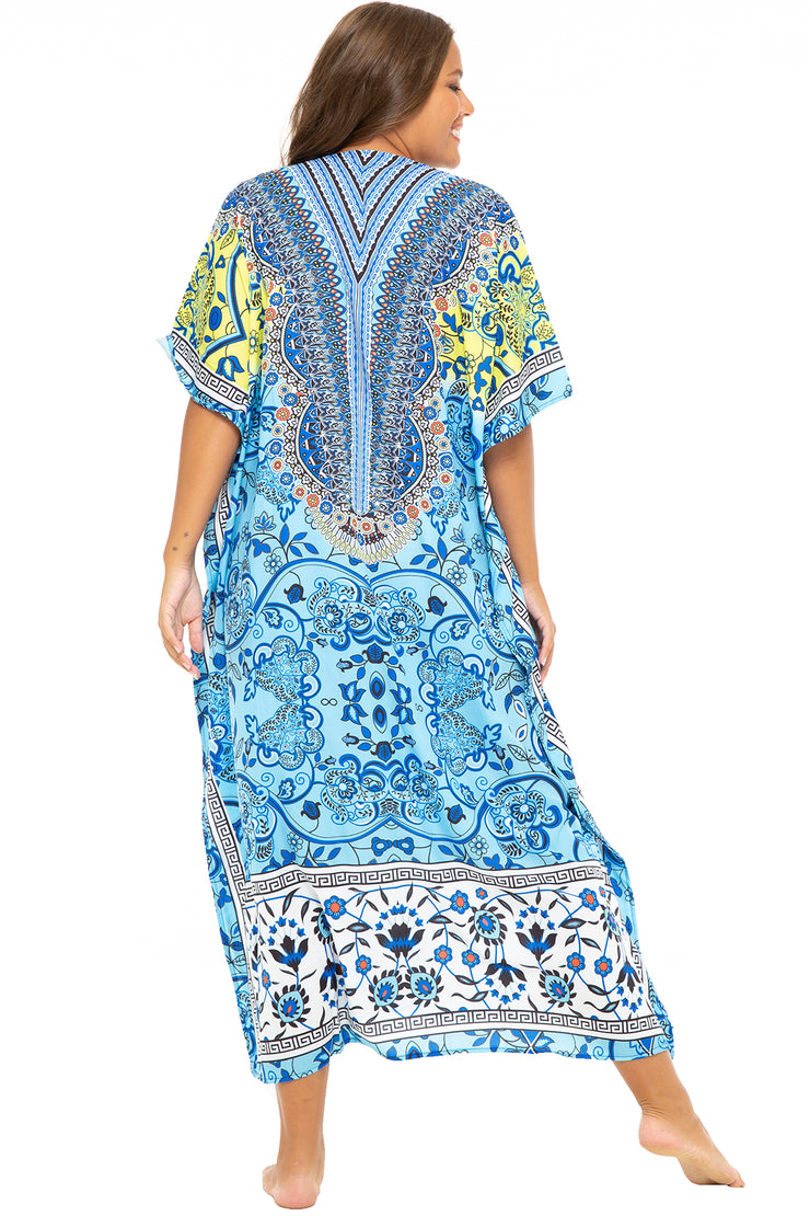 Womens Plus Size Print Kaftan Long Casual Boho Maxi Dress Beach Caftan Swimsuit Cover Up