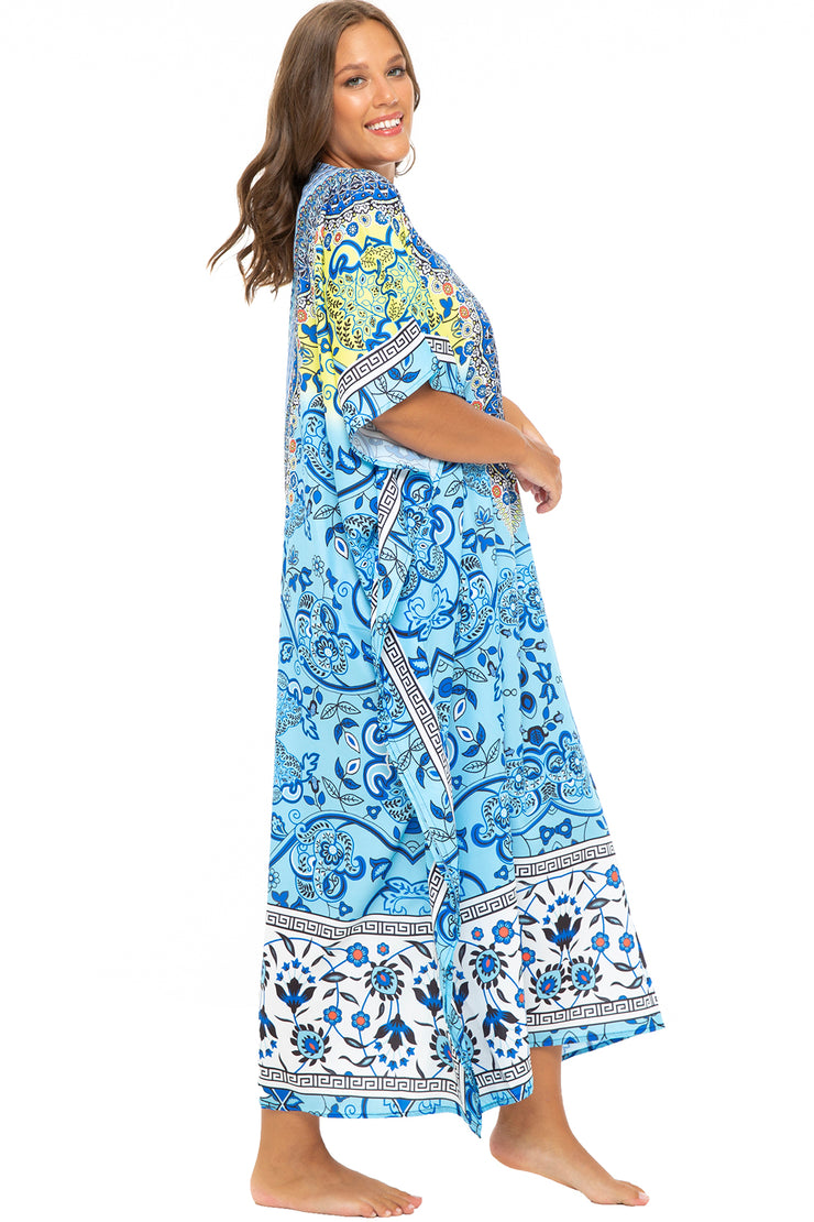 Womens Plus Size Print Kaftan Long Casual Boho Maxi Dress Beach Caftan Swimsuit Cover Up