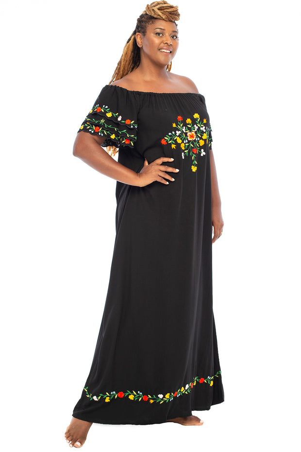 Womens Long Mexican Embroidered Dress Plus Size Maxi Boho Floral Summer Kaftan Cover Up Rayon