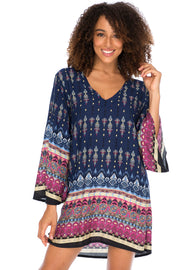 Womens Boho Print Beach Dress V Neck Loose Tunic Top Swimsuit Cover Up Casual Bohemian Sundress