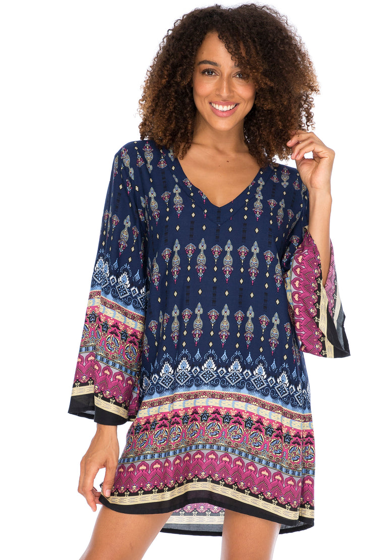 Womens Boho Print Beach Dress V Neck Loose Tunic Top Swimsuit Cover Up Casual Bohemian Sundress