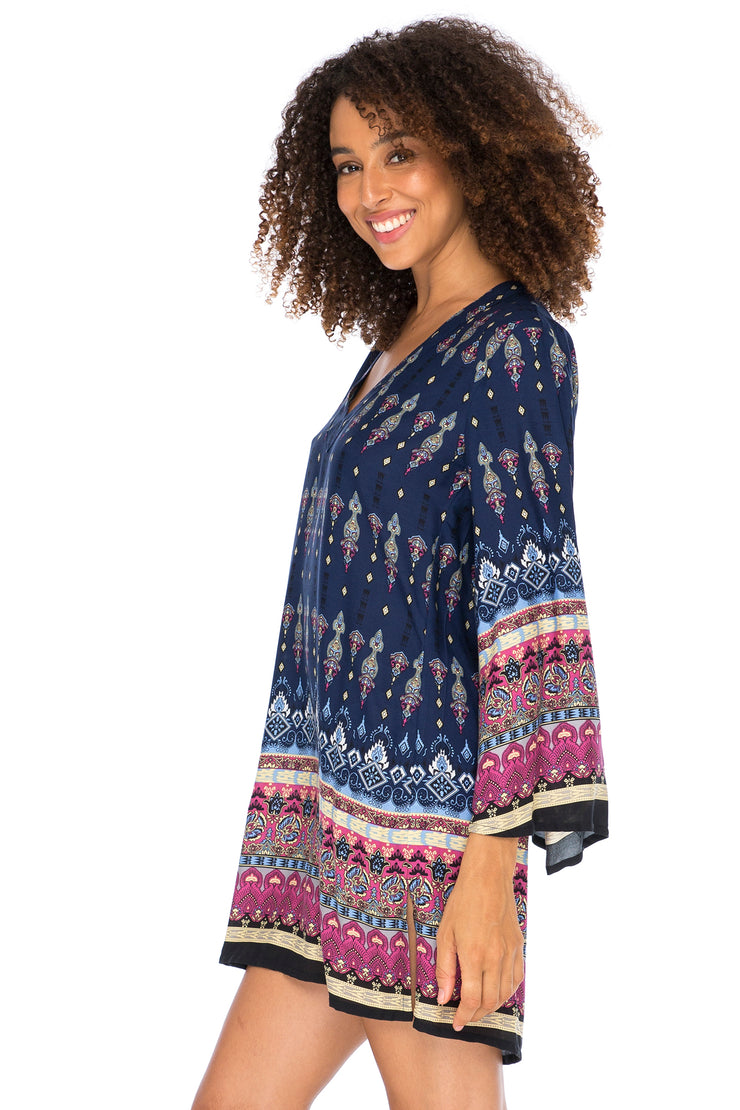 Womens Boho Print Beach Dress V Neck Loose Tunic Top Swimsuit Cover Up Casual Bohemian Sundress